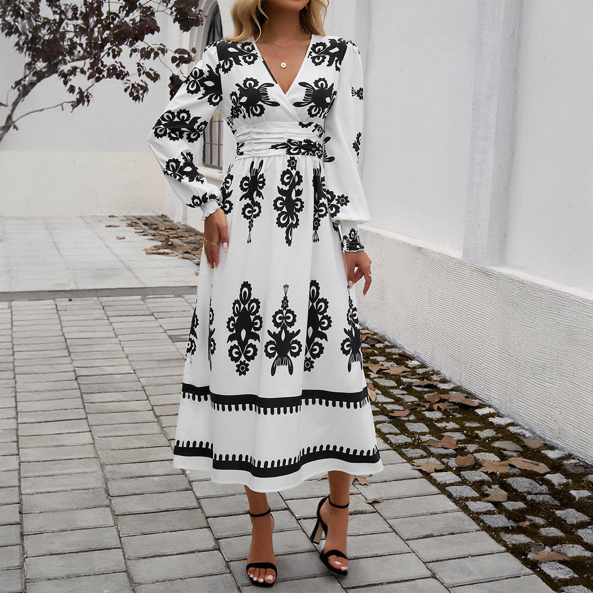 Women's Printing Color Contrast Temperament Long Sleeve Dress